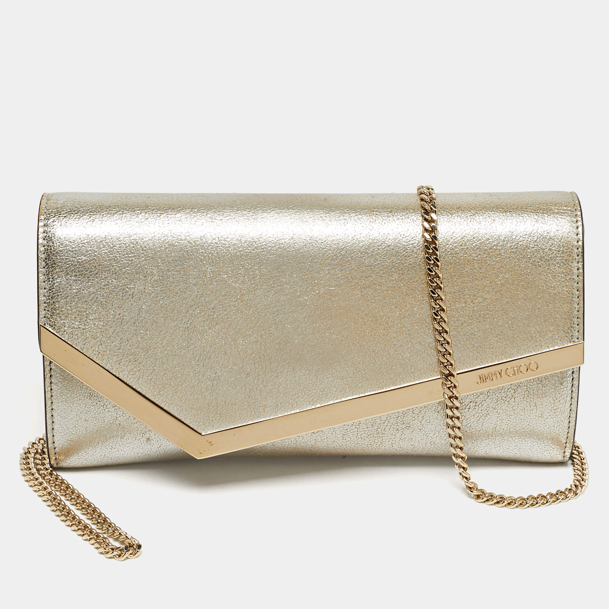 Pre Owned Jimmy Choo Emmie Gold Leather Chain Clutch