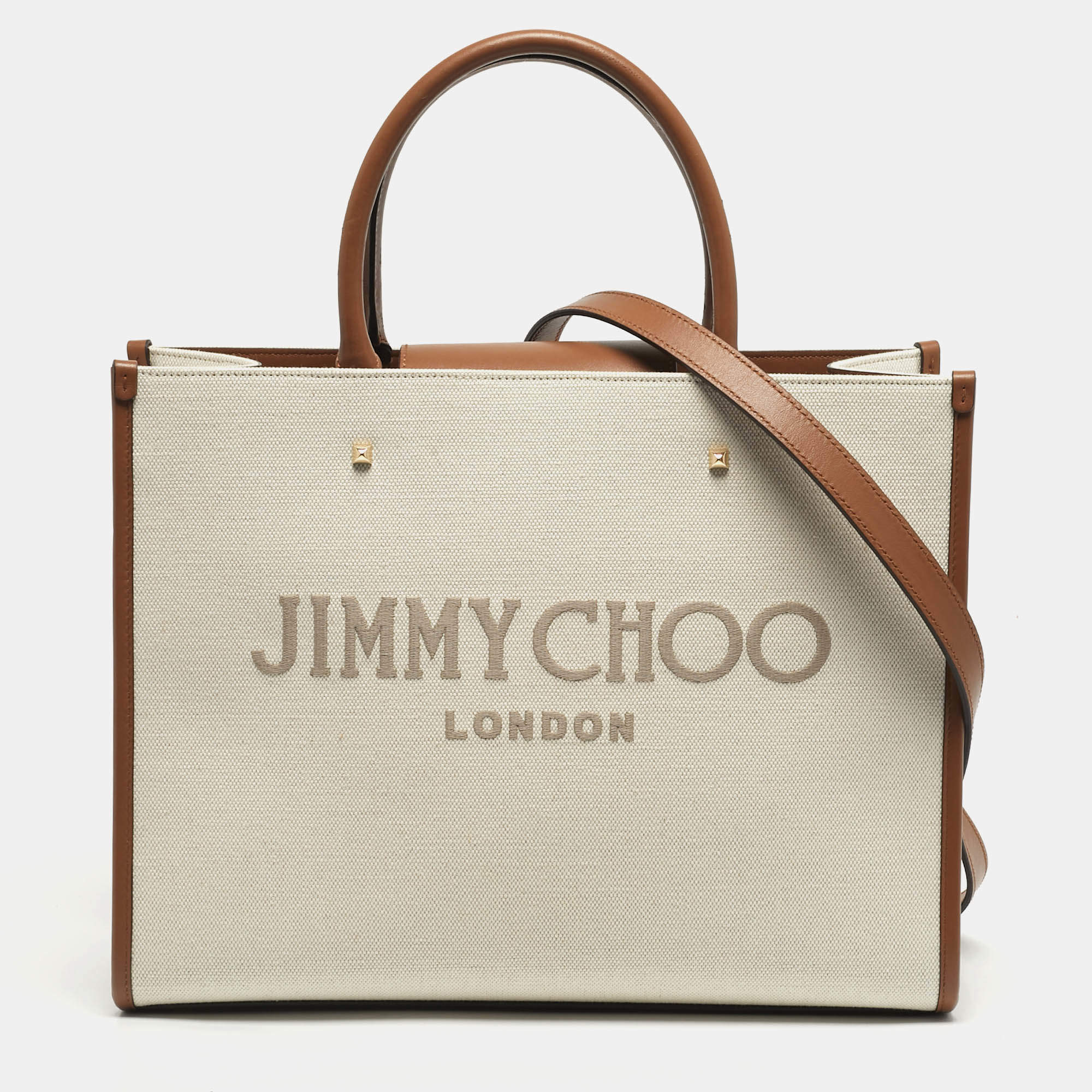 Pre Owned حقيبة يد جيمي تشو أفينيو قماش وبني/أبيض جلد وسط