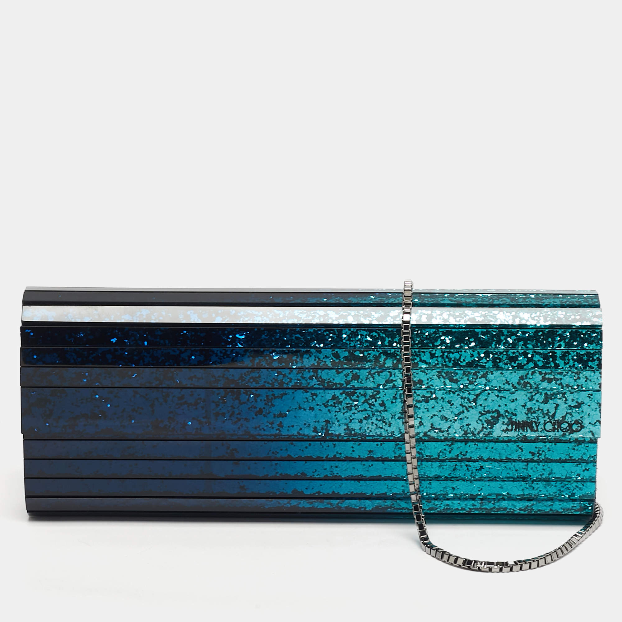Pre Owned Jimmy Choo Sweetie Blue/Green Glitter Acrylic Chain Clutch