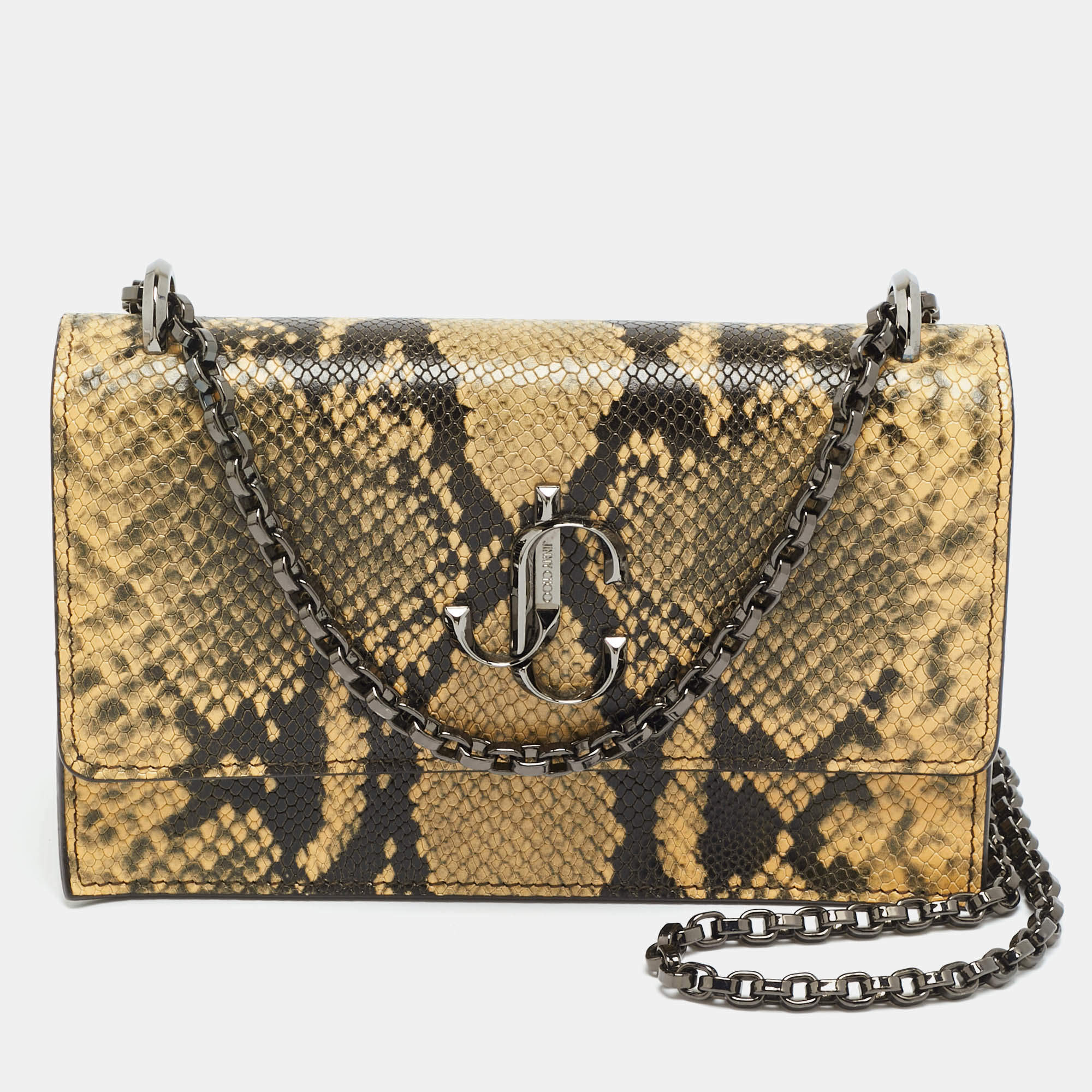 Pre Owned Jimmy Choo Bohemian Mini Cream/Black Python Embossed Leather Chain Bag