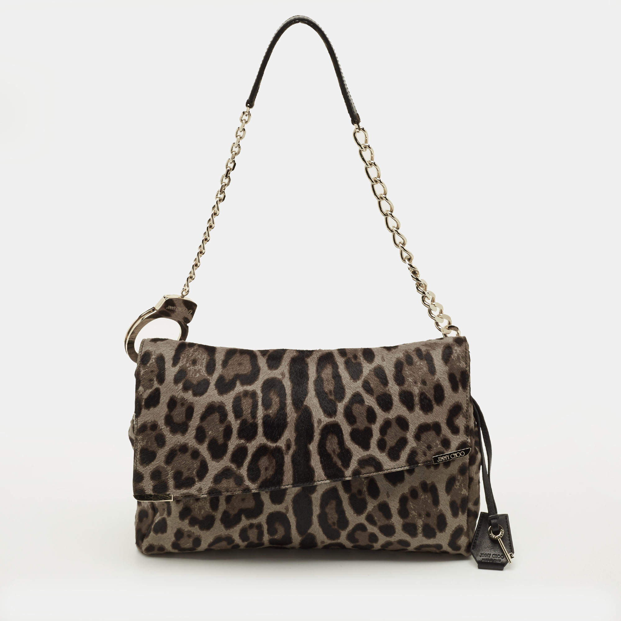 Pre Owned Jimmy Choo Handcuff Chain Grey/Brown Calf Hair Shoulder Bag