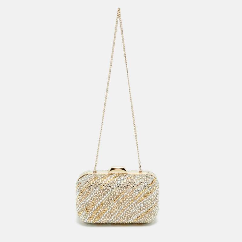 Pre Owned Jimmy Choo Cloud Beige/Multicolor Crystals and Satin Clutch