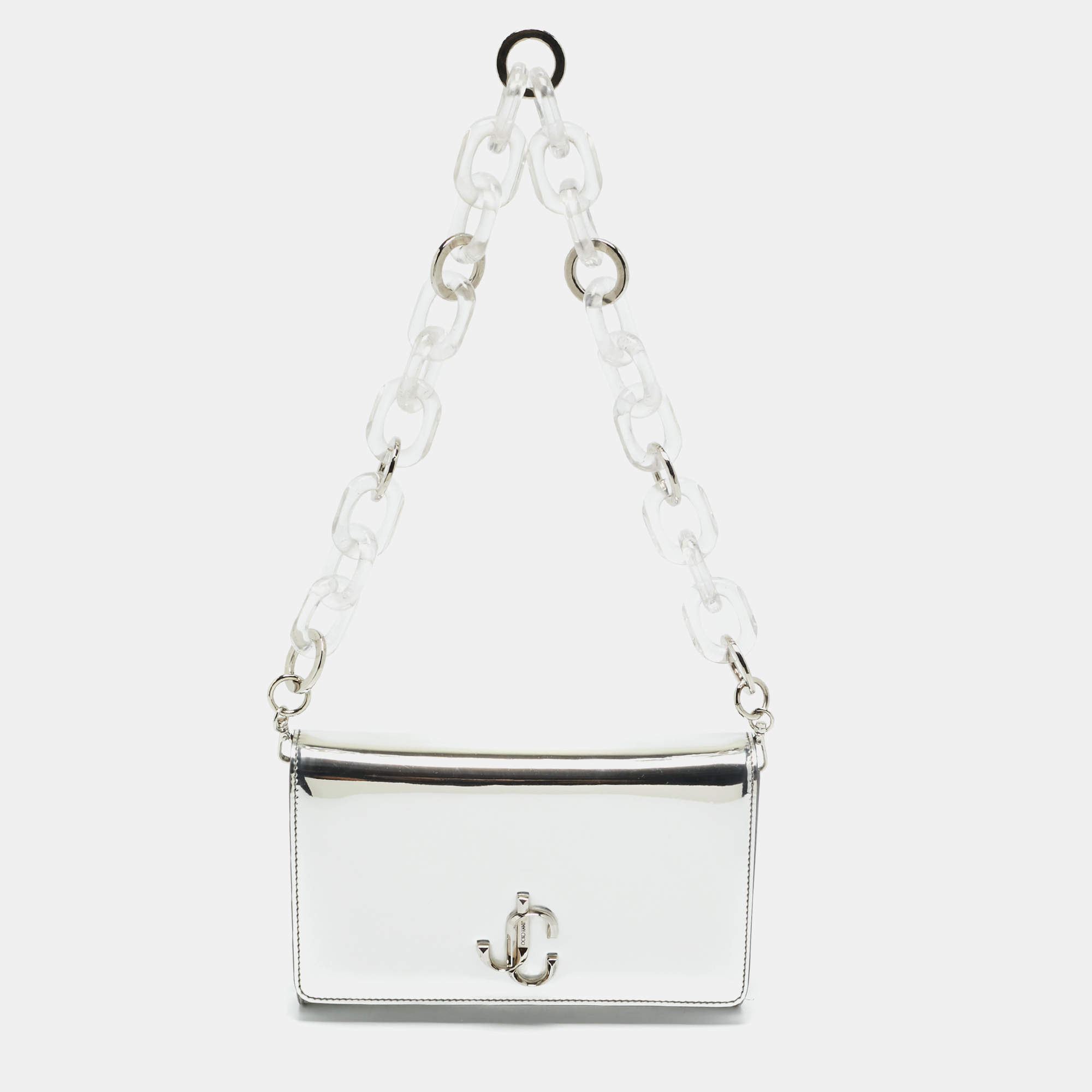 مملوكة مسبقًا Jimmy Choo Varenne Silver Mirror Leather Acrylic Chain Clutch