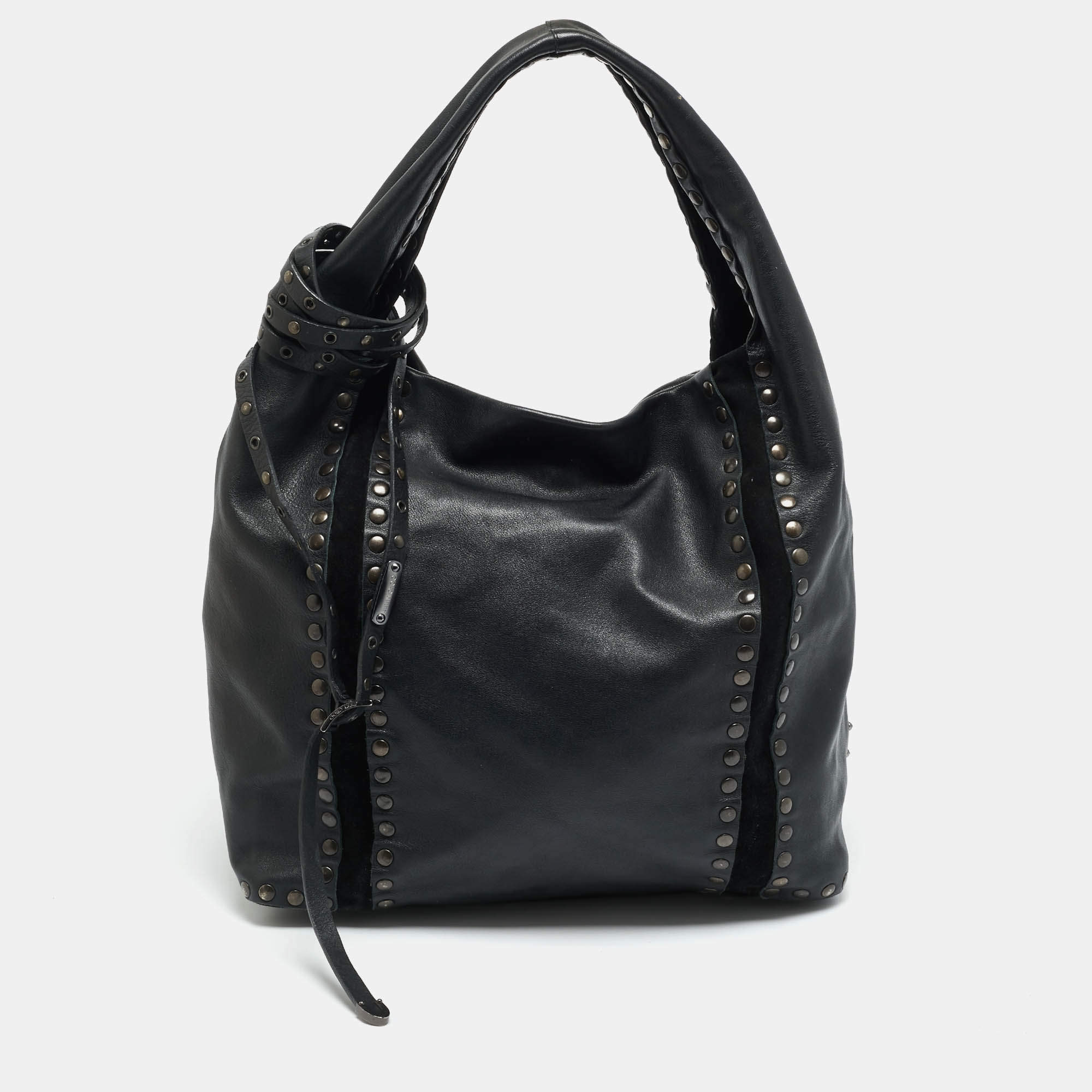 مملوكة مسبقًا Jimmy Choo Saba Studded Black Leather Hobo
