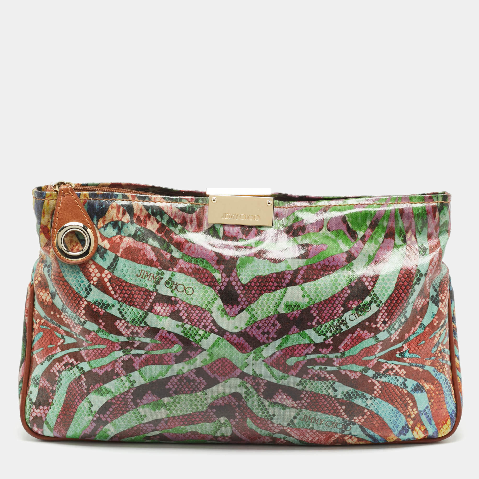 Pre Owned Jimmy Choo Multicolor Python Print Coated Canvas Zip Pouch