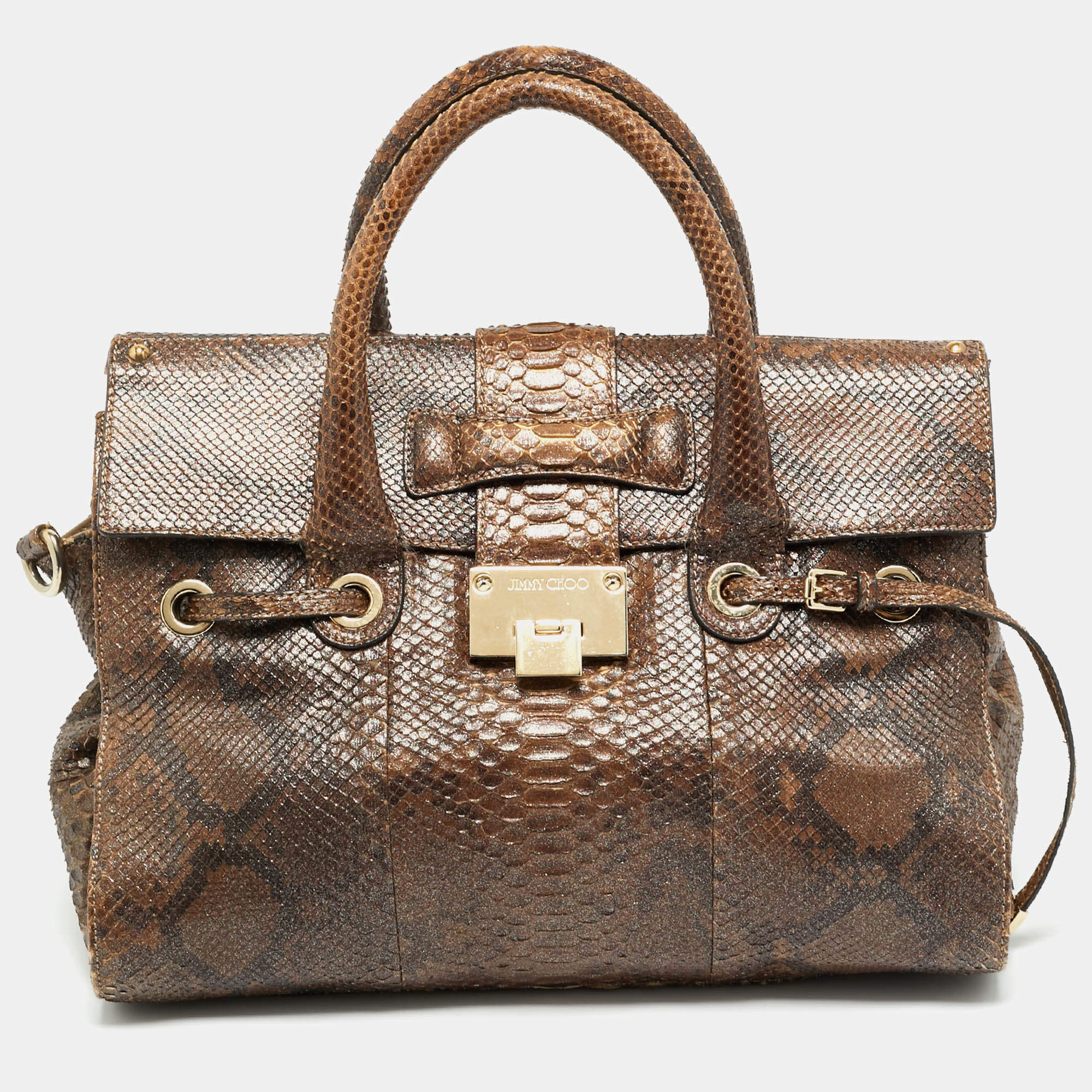 Pre Owned Jimmy Choo Rosalie Brown Glitter Python Satchel