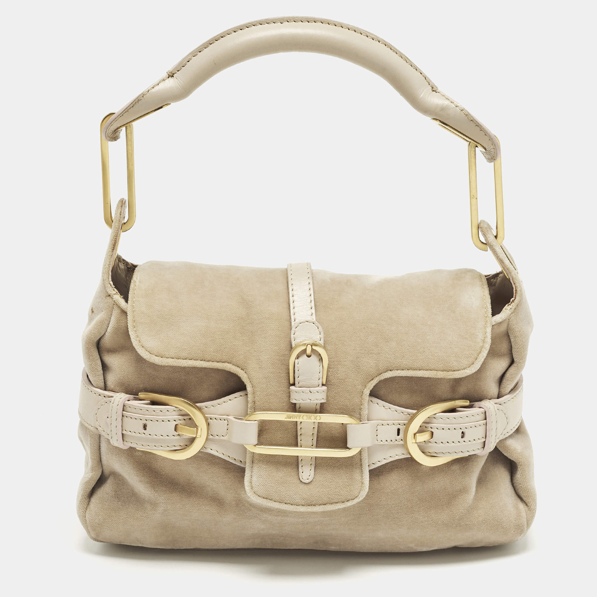 Pre Owned Jimmy Choo Tulita Beige Leather and Velvet Shoulder Bag