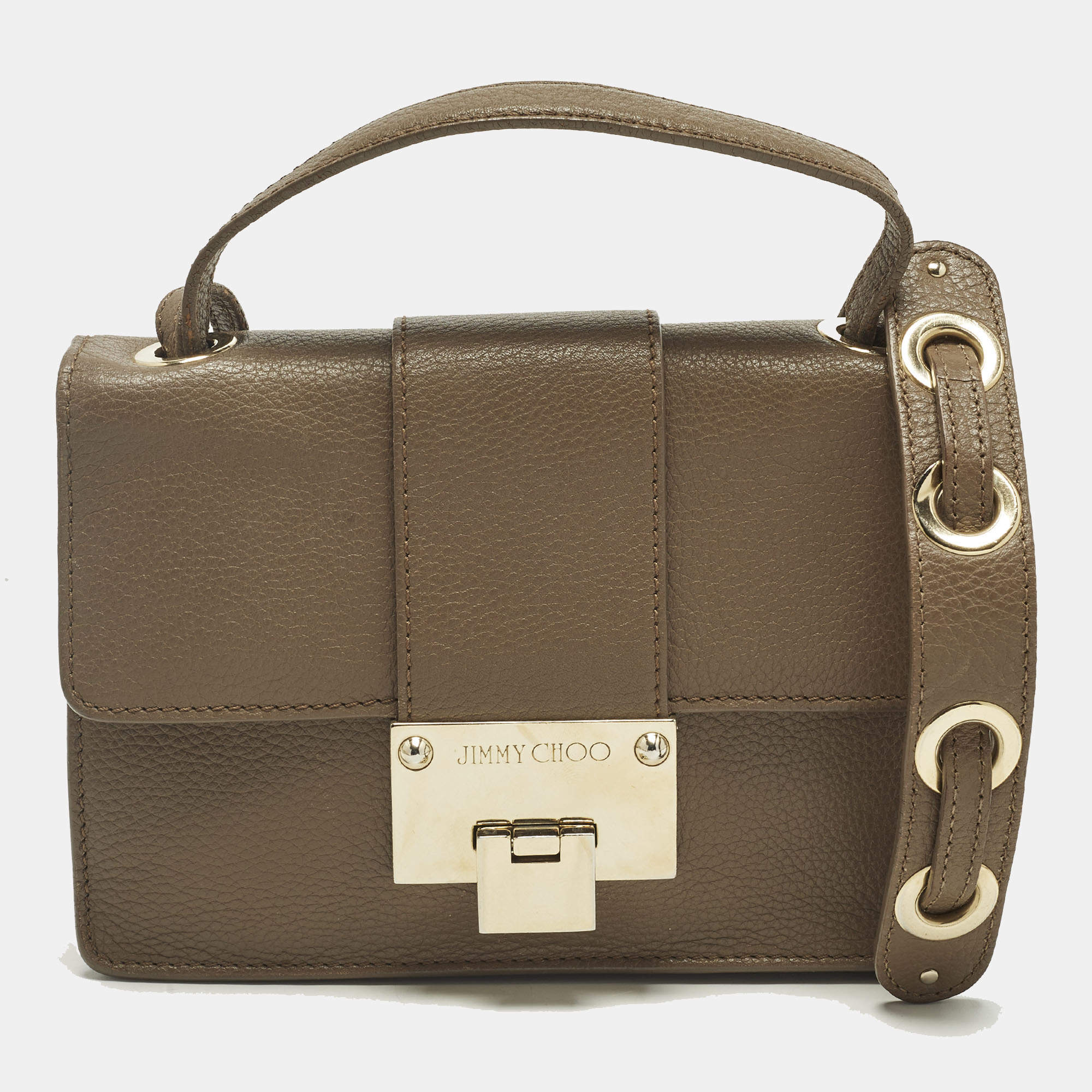 Pre Owned Jimmy Choo Rebel Dark Beige Leather Top Handle Bag