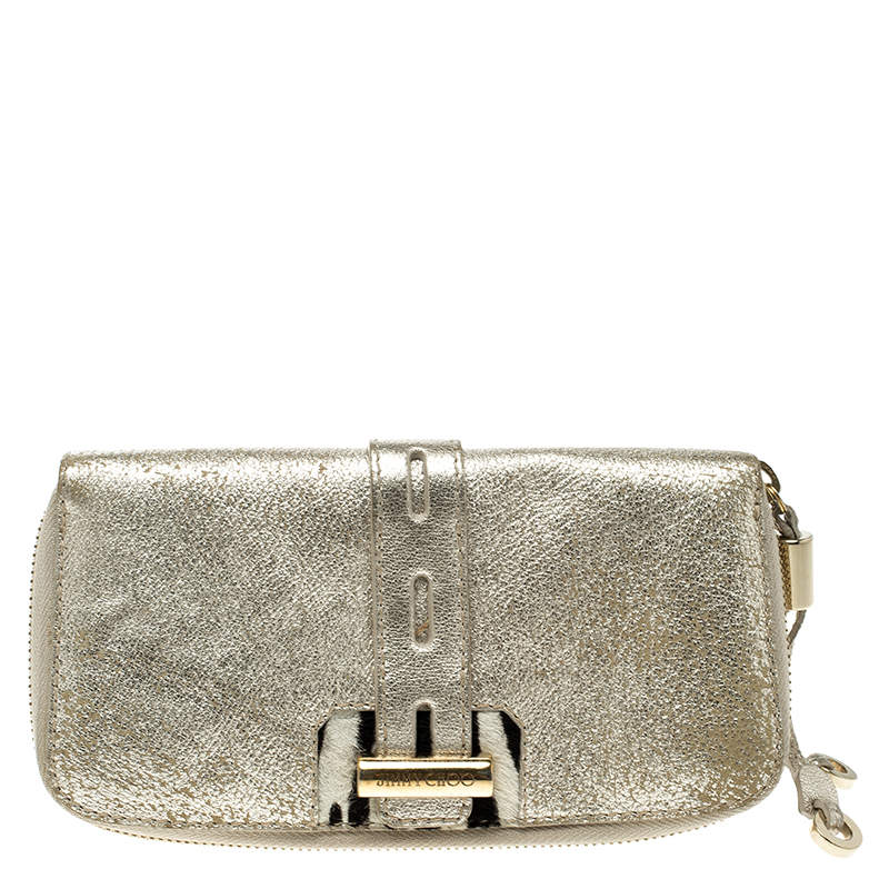 Pre Owned Jimmy Choo Gold Leather Zip Around Wallet