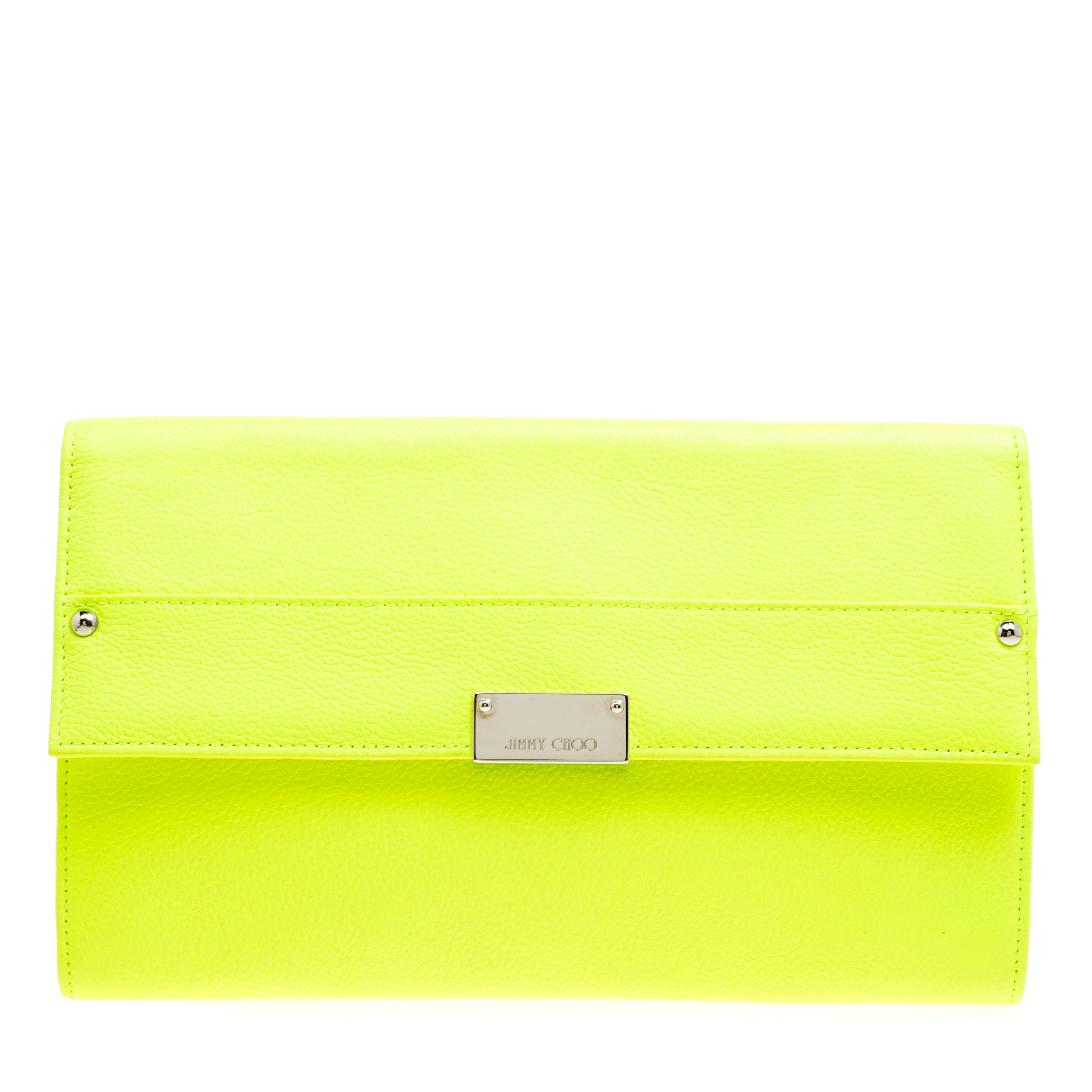 Pre Owned Jimmy Choo Fluorescent Green Leather Reese Wallet Clutch