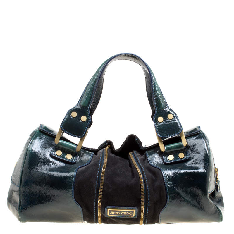 مملوكة مسبقًا حقيبة جيمي تشو مارلا سويدي وجلد لامعة سوداء/ خضراء سيغ