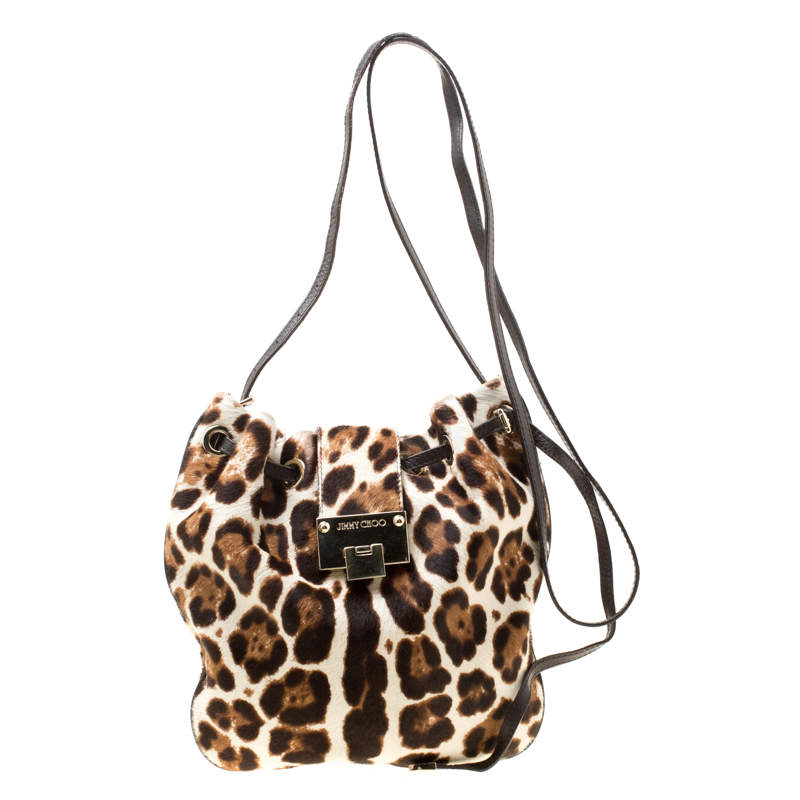 مملوكة مسبقًا Jimmy Choo Beige Leopard Print Calfhair Drawstring Crossbody Bag