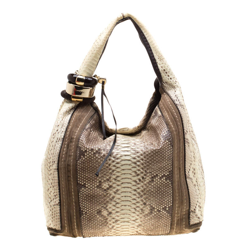 Jimmy Choo Light Yellow/Beige Python and Suede Saba Hobo 