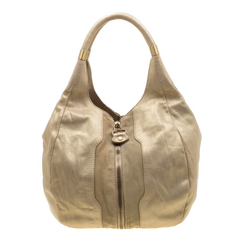 Jimmy Choo Metallic Gold Leather and Suede Mandah Expandle Hobo Jimmy ...