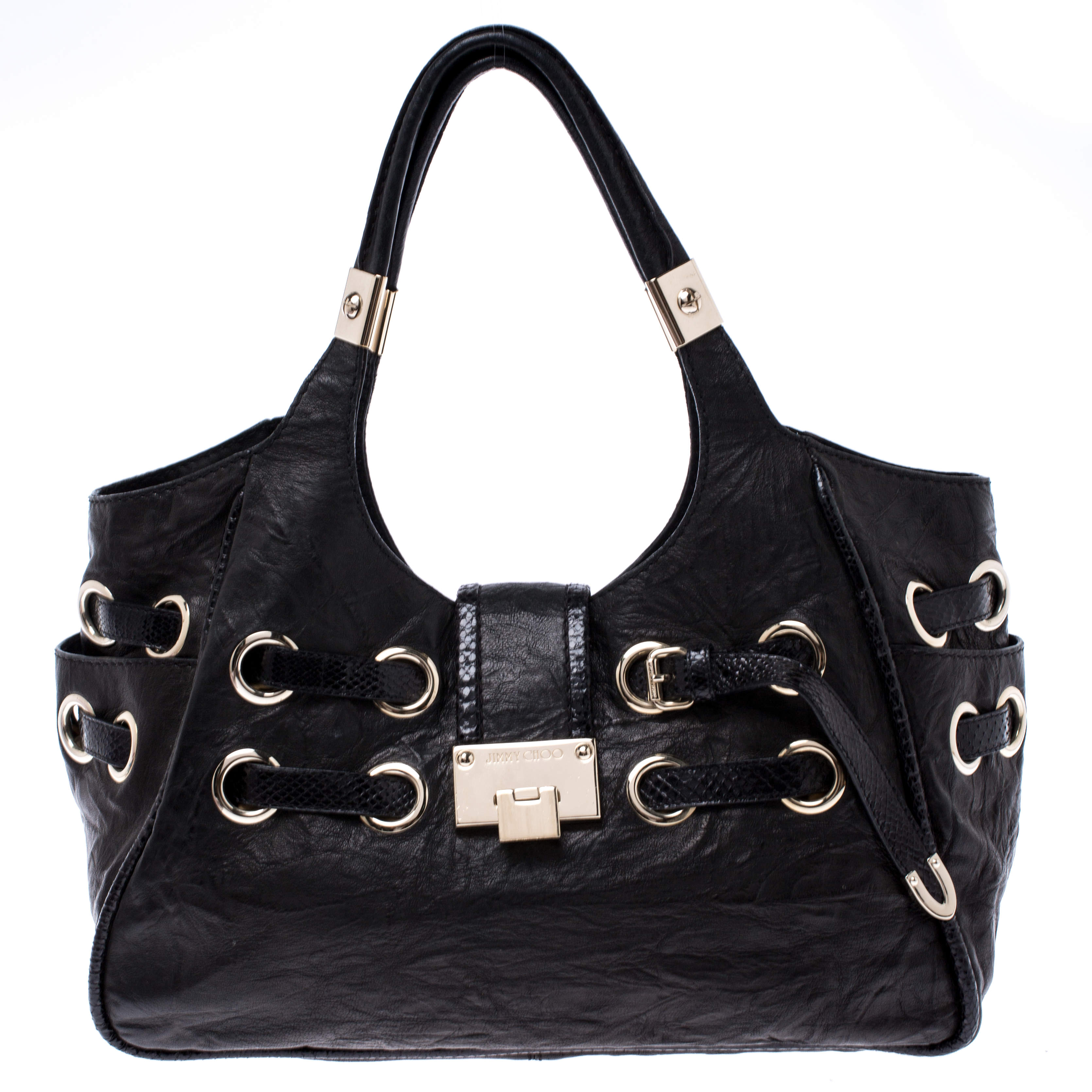 مملوكة مسبقًا حقيبة جيمي شو ريكي جلد أسود وحواف جلد ثعبان