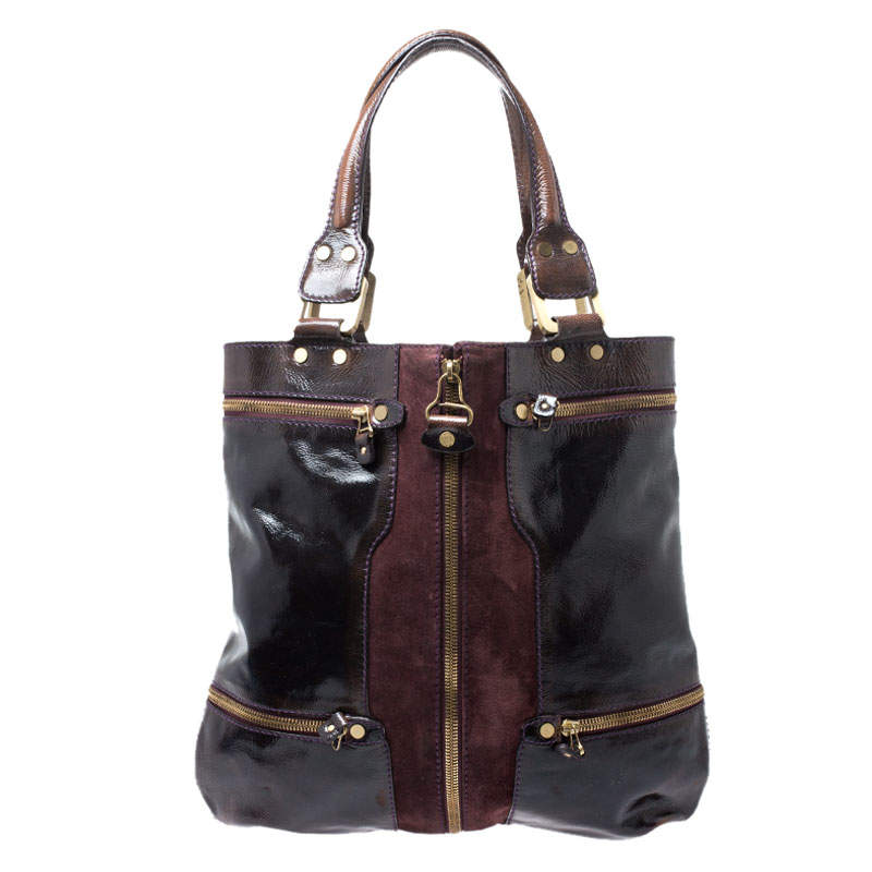 Jimmy Choo Burgundy Patent Leather and Suede Mona Tote