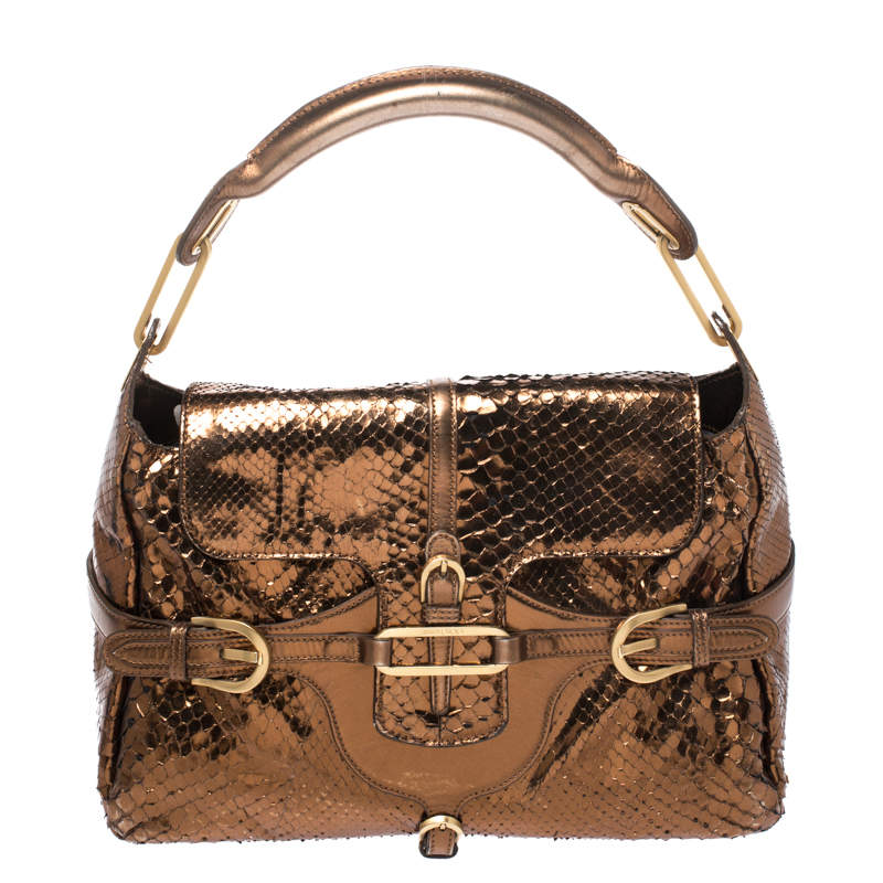 Pre Owned Jimmy Choo Metallic Bronze Python Leather Tulita Hobo