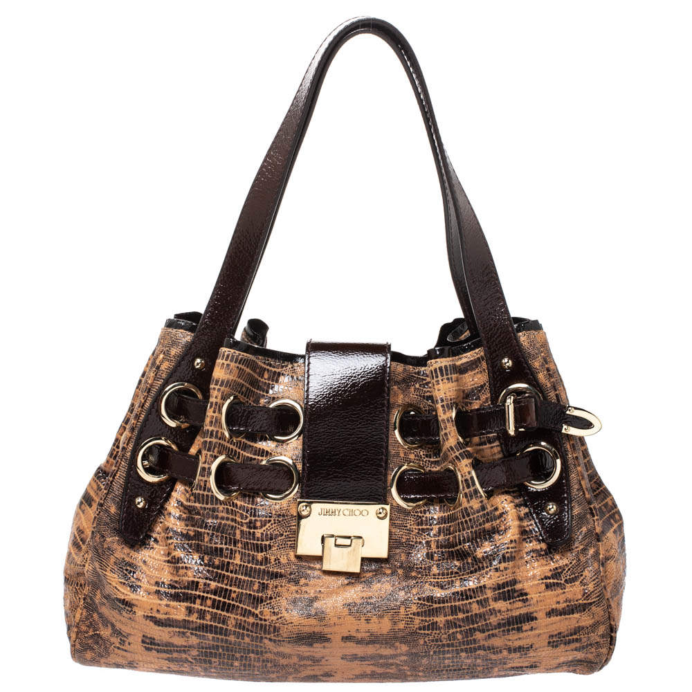 Jimmy Choo Brown Python Effect Patent Leather Ramona Tote