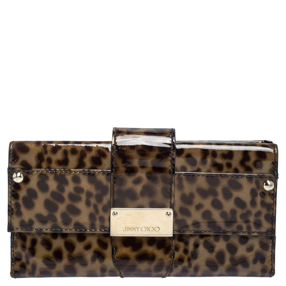 Pre Owned Jimmy Choo Brown Leopard Print Patent Leather Continental Wallet