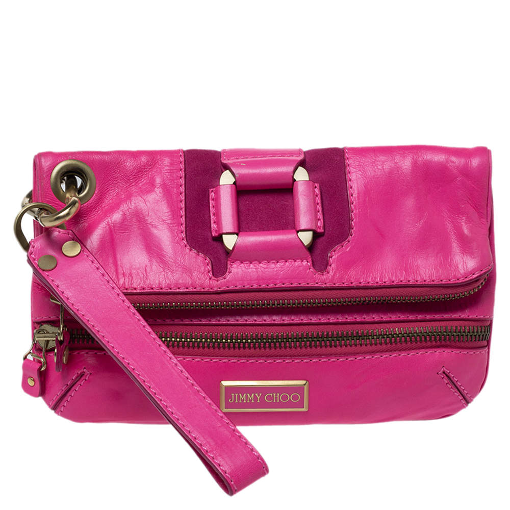 مملوكة مسبقًا Jimmy Choo Neon Pink Leather Mave Foldover Clutch