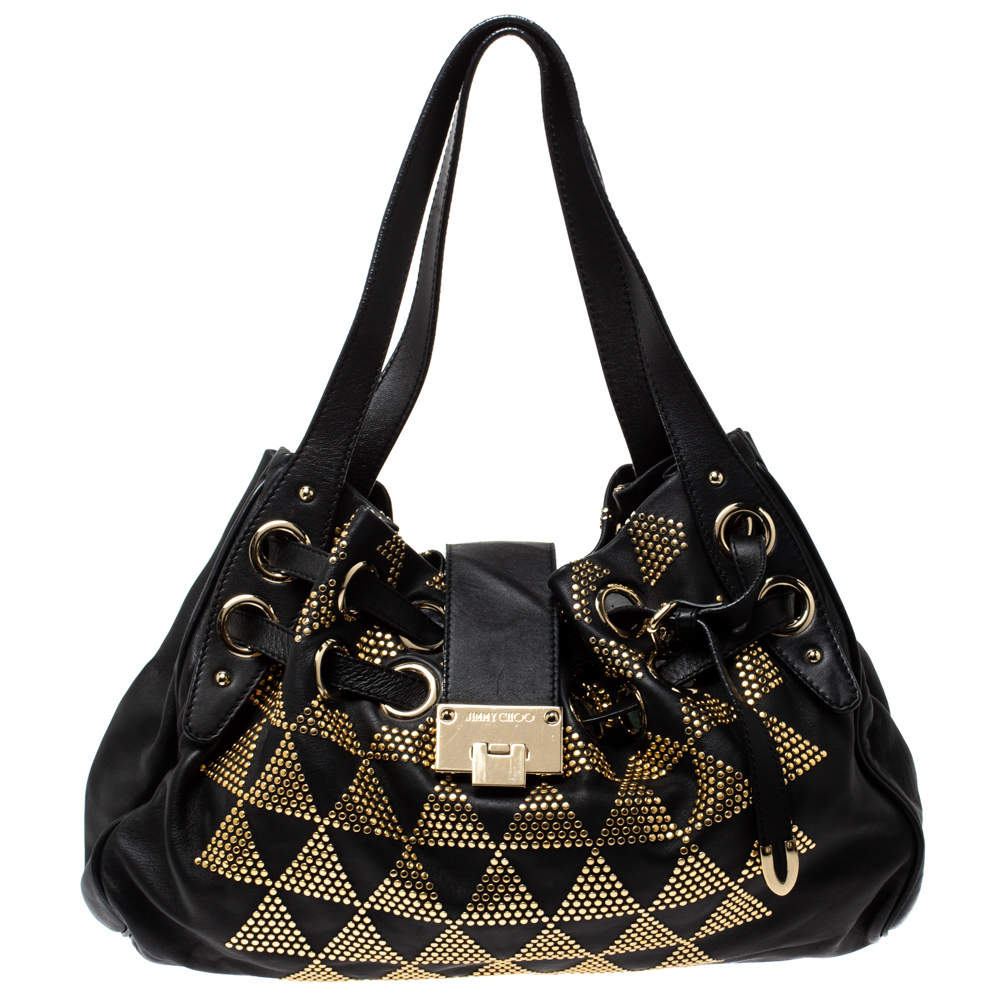 Pre Owned Jimmy Choo Black Leather Riki Studded Tote