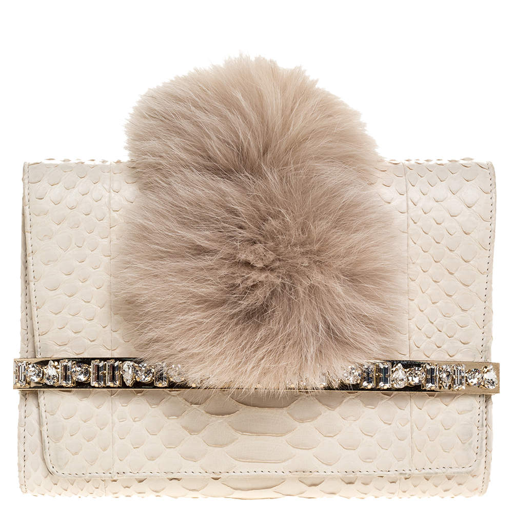مملوكة مسبقًا Jimmy Choo White Python and Fox Fur Venus Clutch