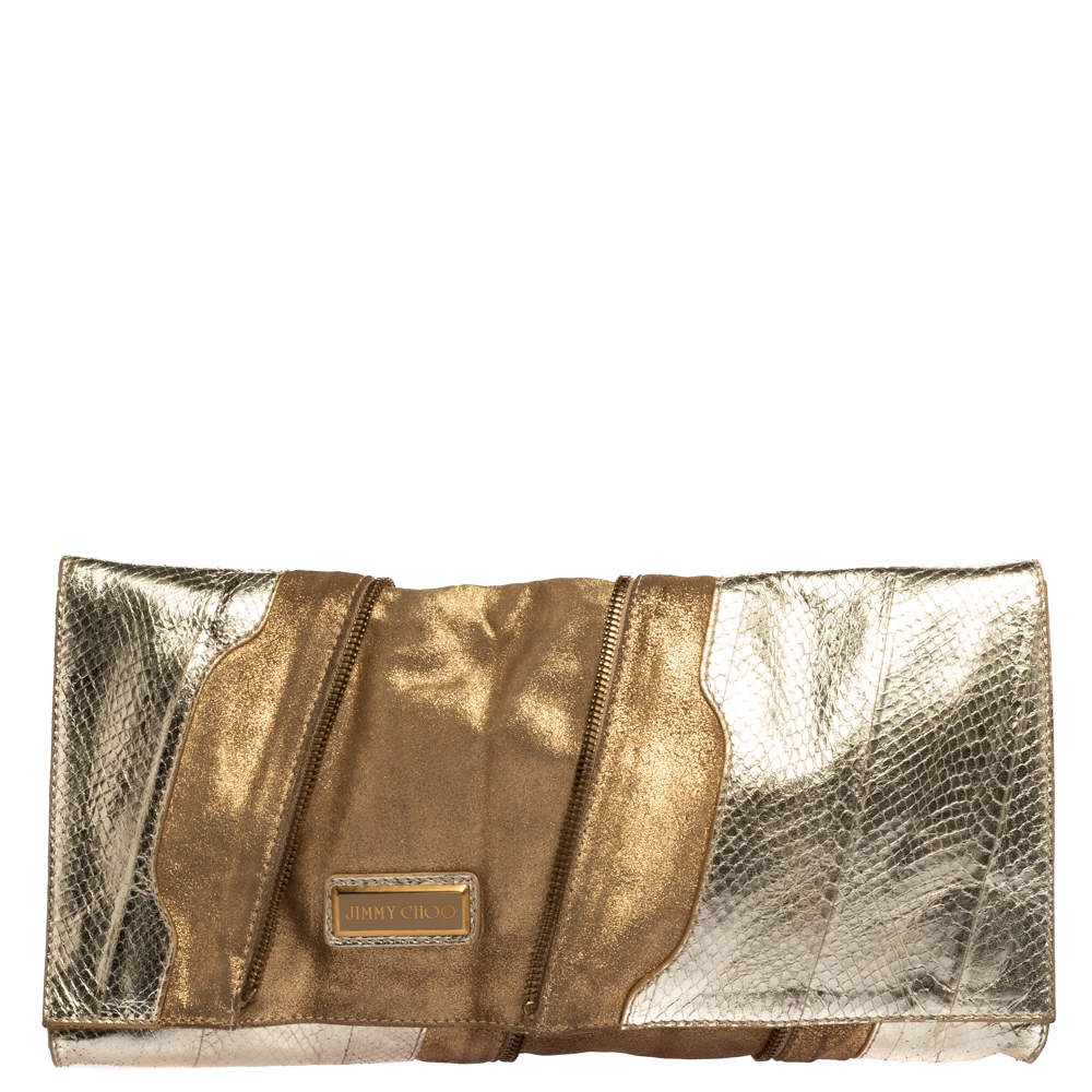 Jimmy Choo Metallic Gold Snakeskin Effect Leather Flap Clutch