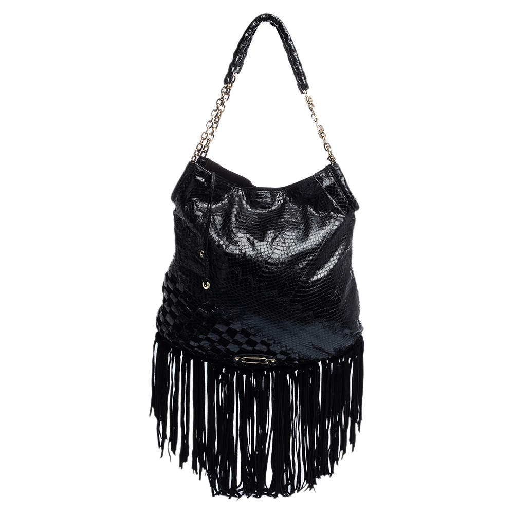 Pre Owned حقيبة هوبو جيمي تشو تاتوم شراشيب جلد ثعبان و سويدي أسود