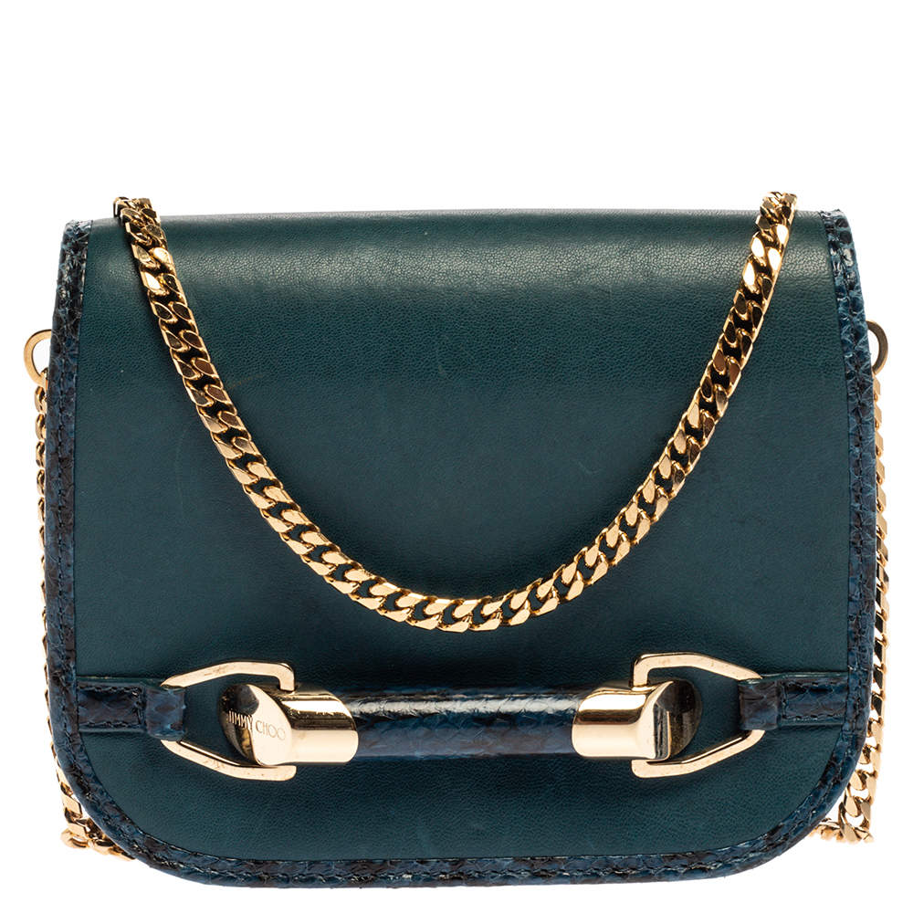 Pre Owned حقيبة كروس جيمي تشو زايدي حافة جلد ثعبان و جلد أزرق مخضر داكن