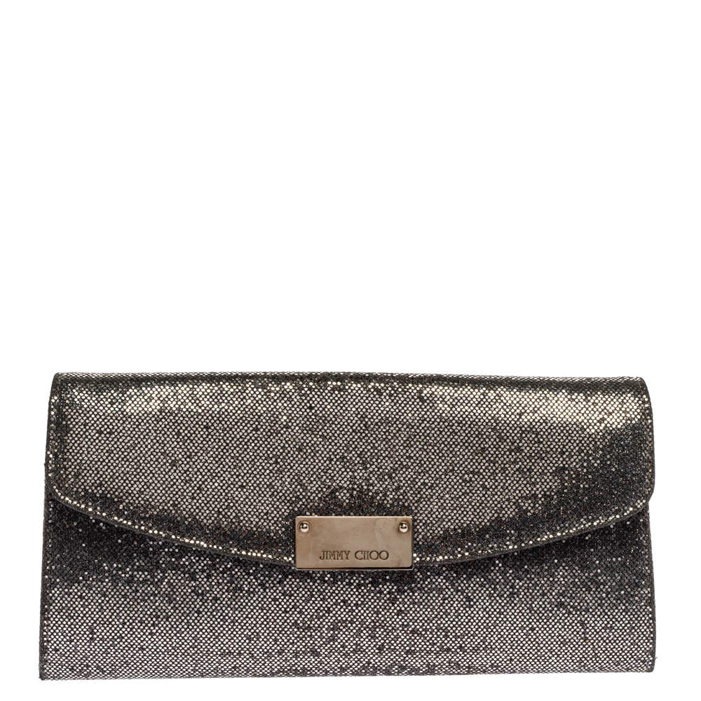 Jimmy Choo Silver Lamé Glitter Riane Clutch