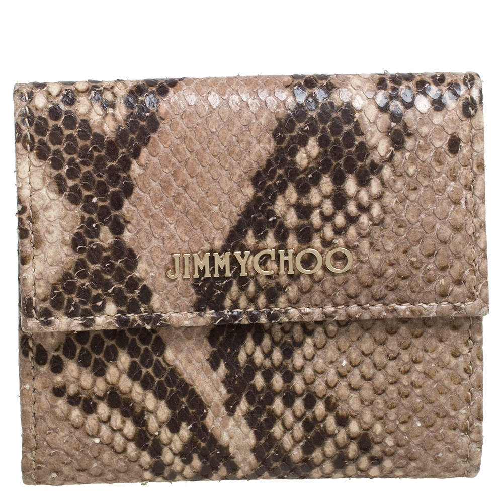 Pre Owned Jimmy Choo Beige Python Effect Leather French Flap Wallet