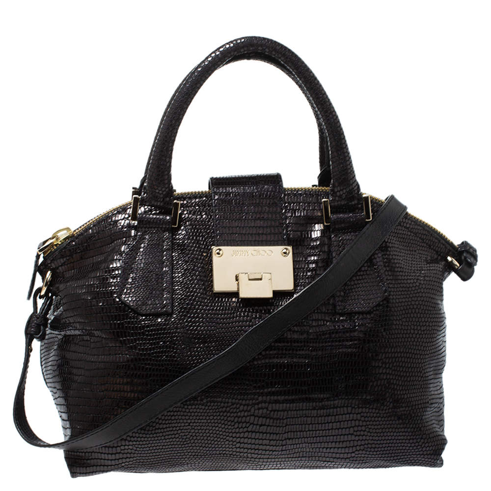 Pre Owned Jimmy Choo Black Lizard Effect Leather Rosa Satchel
