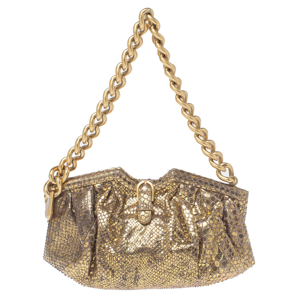 Pre Owned Jimmy Choo Gold Python Chain Frame Clutch