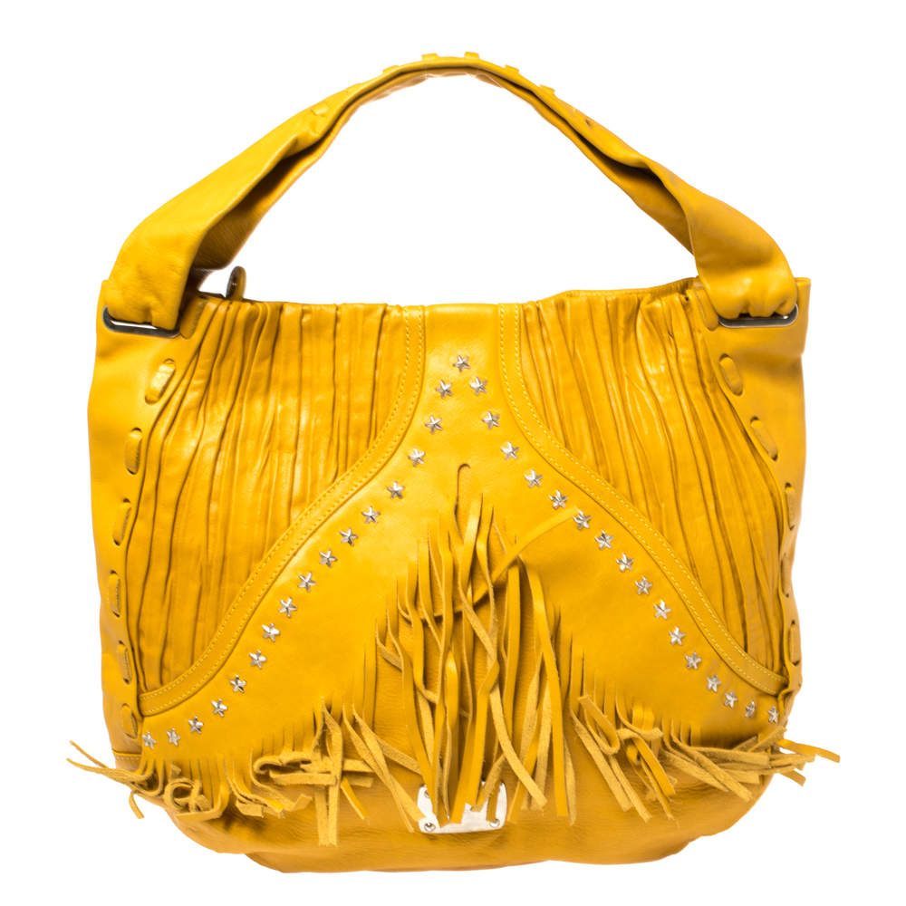 Pre Owned Jimmy Choo Mustard Leather Isola Fringe Studded Hobo
