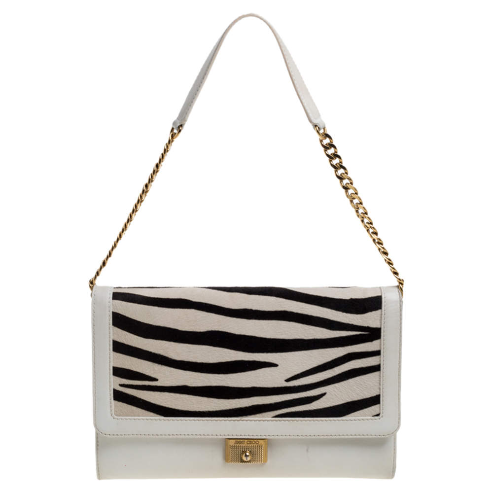 Jimmy Choo White Zebra Print Calfhair and Leather Flap Chain Shoulder Bag