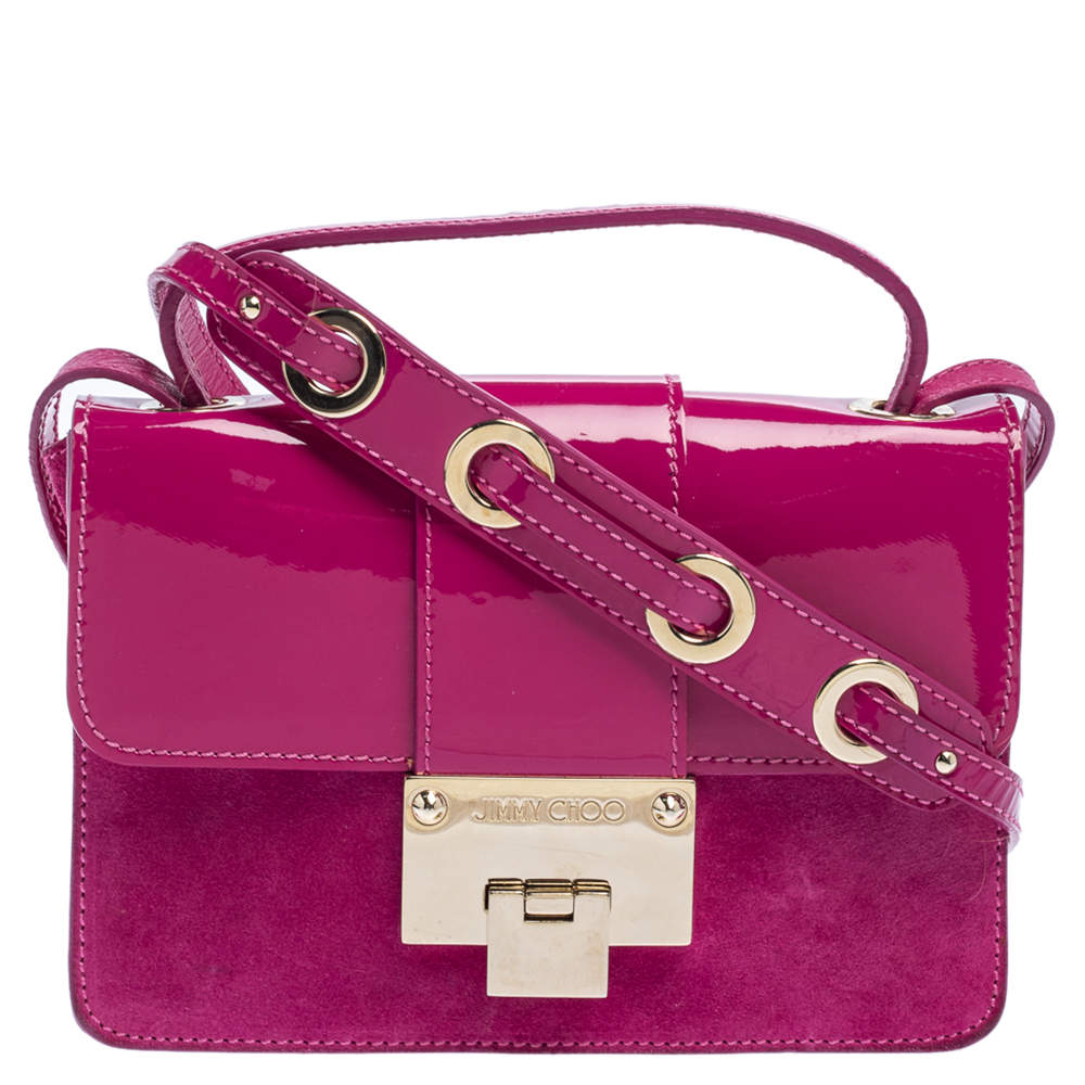 Pre Owned Jimmy Choo Fuchsia Patent Leather and Suede Rebel Top Handle Bag