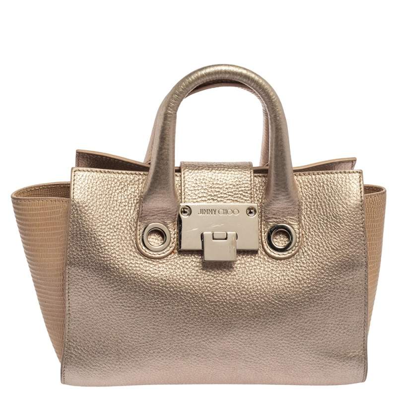 Jimmy Choo Light Rose Gold Leather and Lizard Embossed Riley Tote