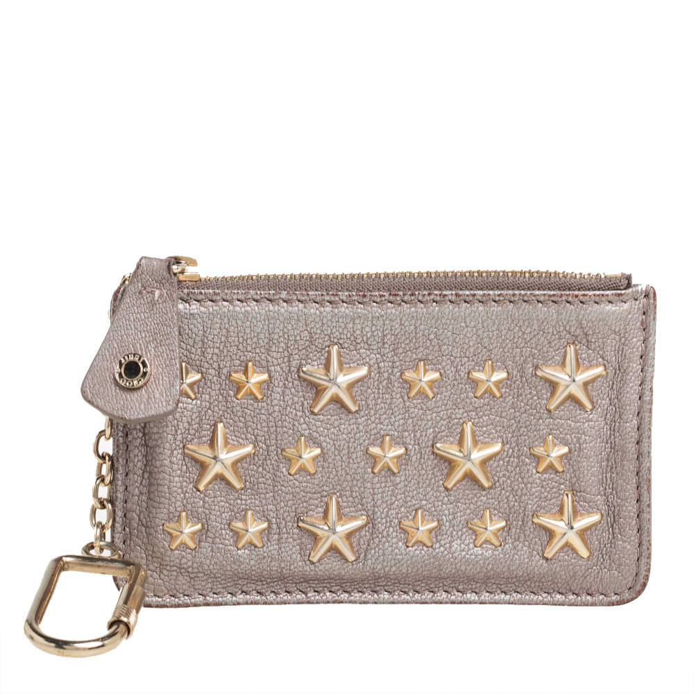 Pre Owned Jimmy Choo Metallic Grey Leather Nancy Star Studded Key Pouch