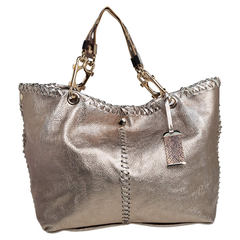 Pre Owned Jimmy Choo Metallic Leather and Snakeskin Trim Whipstitch Hobo