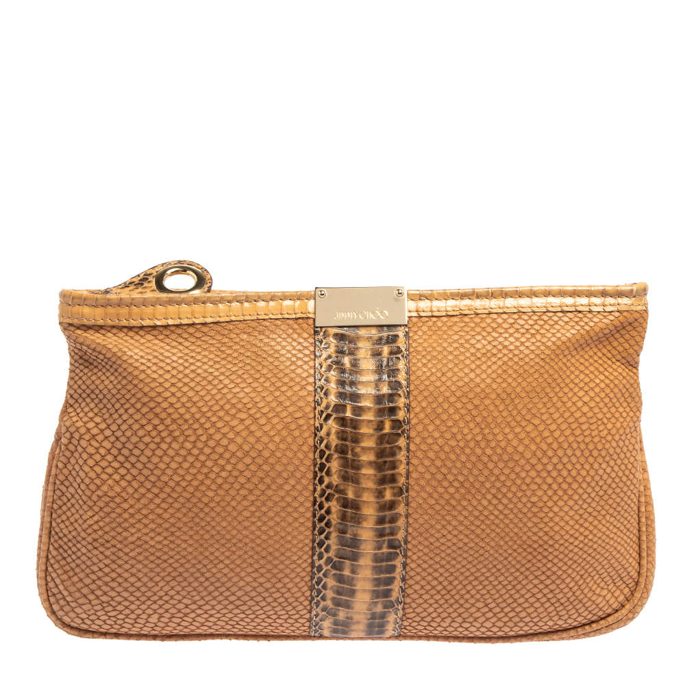 Pre Owned حقيبة كلتش جيمي تشو زولو جلد وحواف جلد ثعبان بني