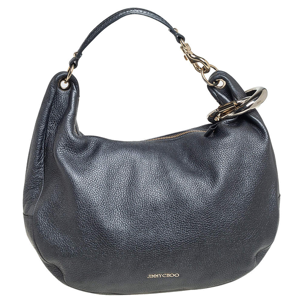 مملوكة مسبقًا Jimmy Choo Dark Grey Grained Leather and Snakeskin Trim Sky Bangle Hobo