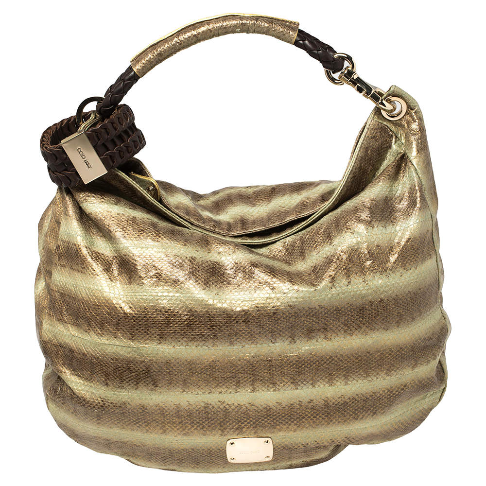 Pre Owned Jimmy Choo Metallic Brown/Green Python Large Sky Bangle Hobo