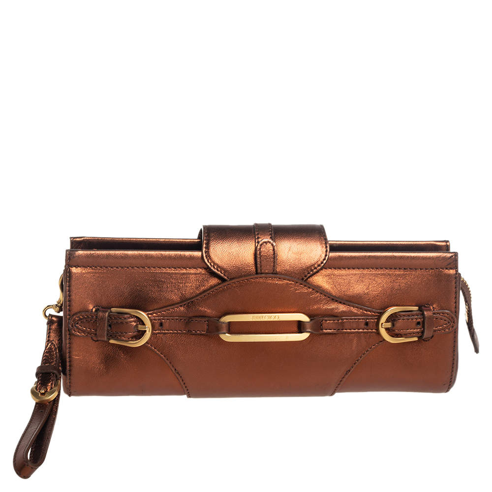Pre Owned Jimmy Choo Metallic Bronze Leather Tulita Wristlet Clutch