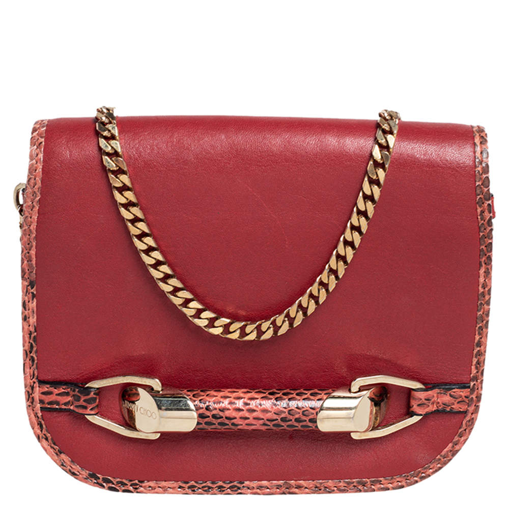 Pre Owned Jimmy Red Leather and Python Trim Zadie Crossbody Bag
