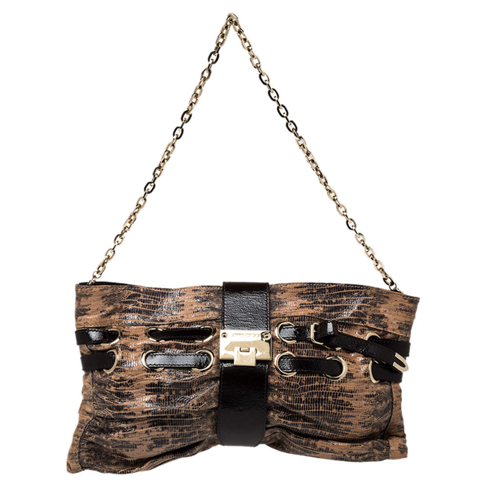 مملوكة مسبقًا Jimmy Choo Beige/Brown Lizard Embossed Leather Chain Shoulder Bag