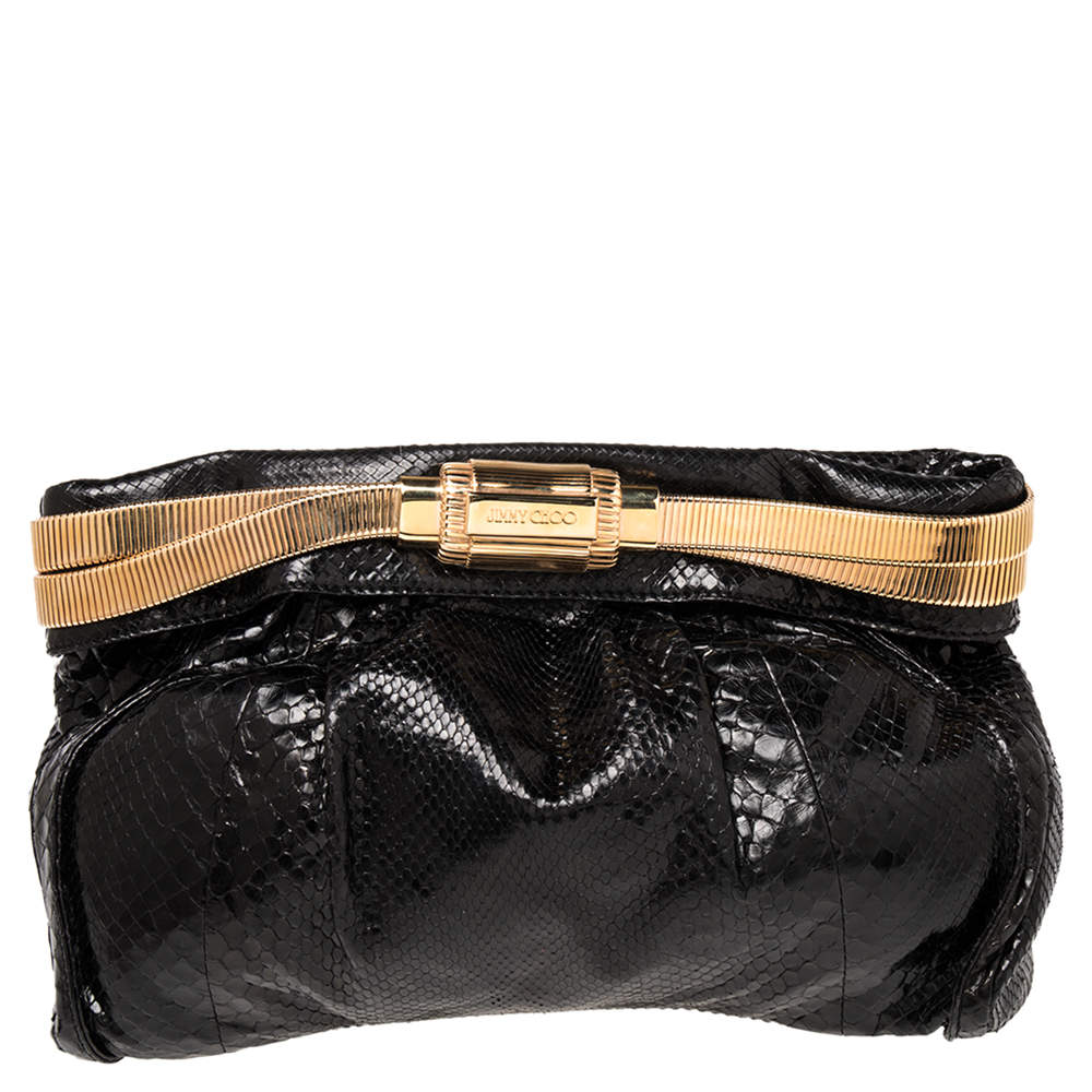 مملوكة مسبقًا Jimmy Choo Black Python Oversized Zip Clutch