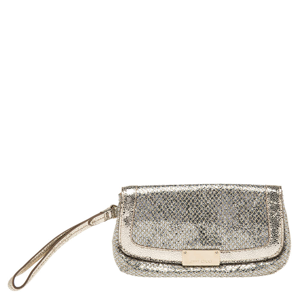 Pre Owned Jimmy Choo Metallic Gold Glitter and Leather Zeta Wristlet Clutch