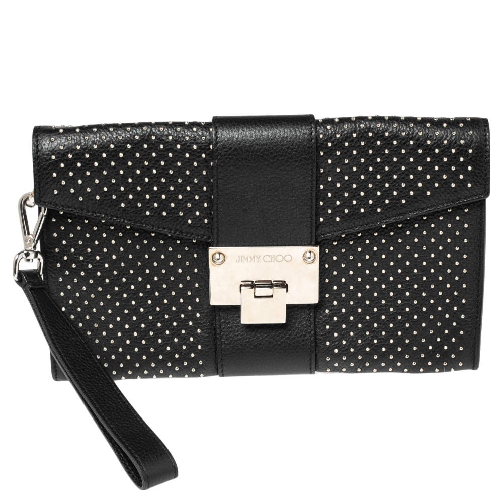 مملوكة مسبقًا حقيبة كلتش جيمي تشو حمالة معصم ريبل مرصع جلد أسود