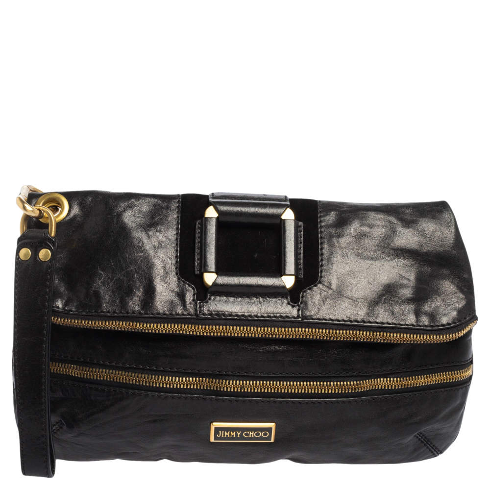 مملوكة مسبقًا حقيبة كلتش جيمي تشو مافي جلد أسود بطية 