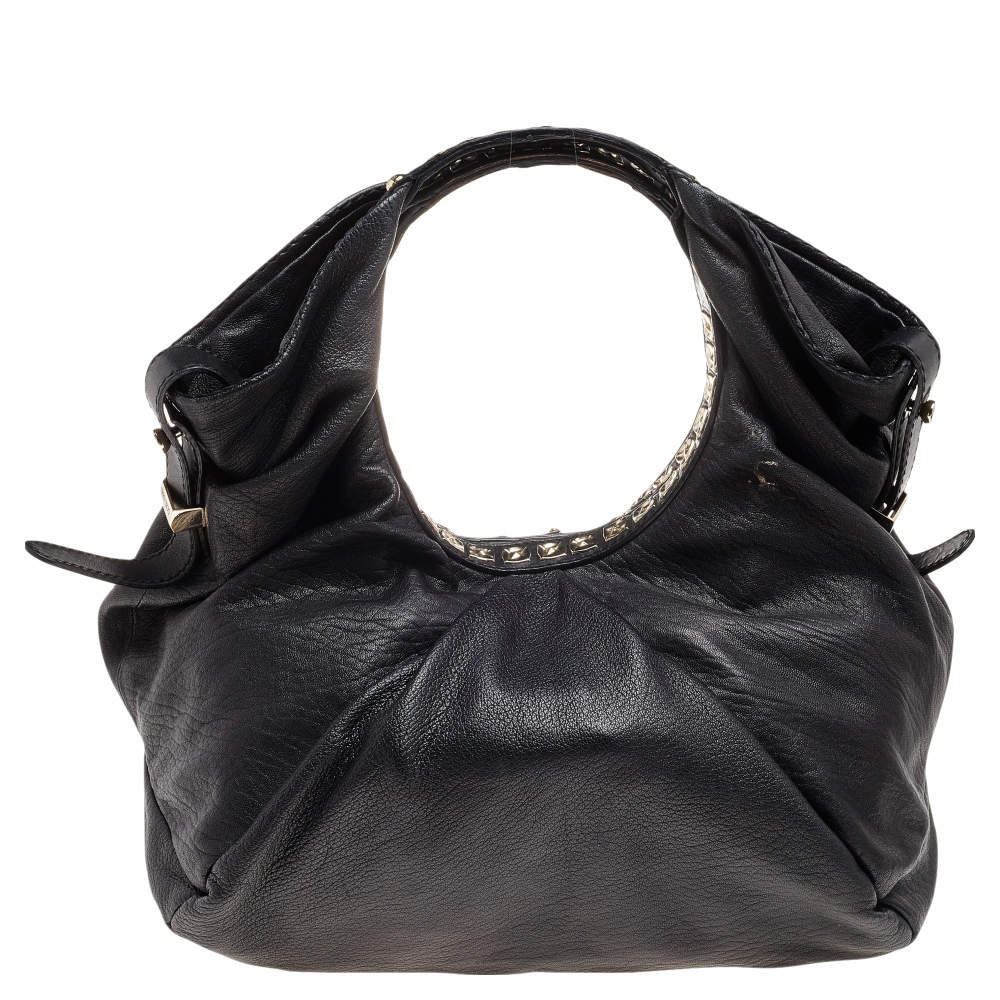 Pre Owned Jimmy Choo Black Leather Embellished Hobo